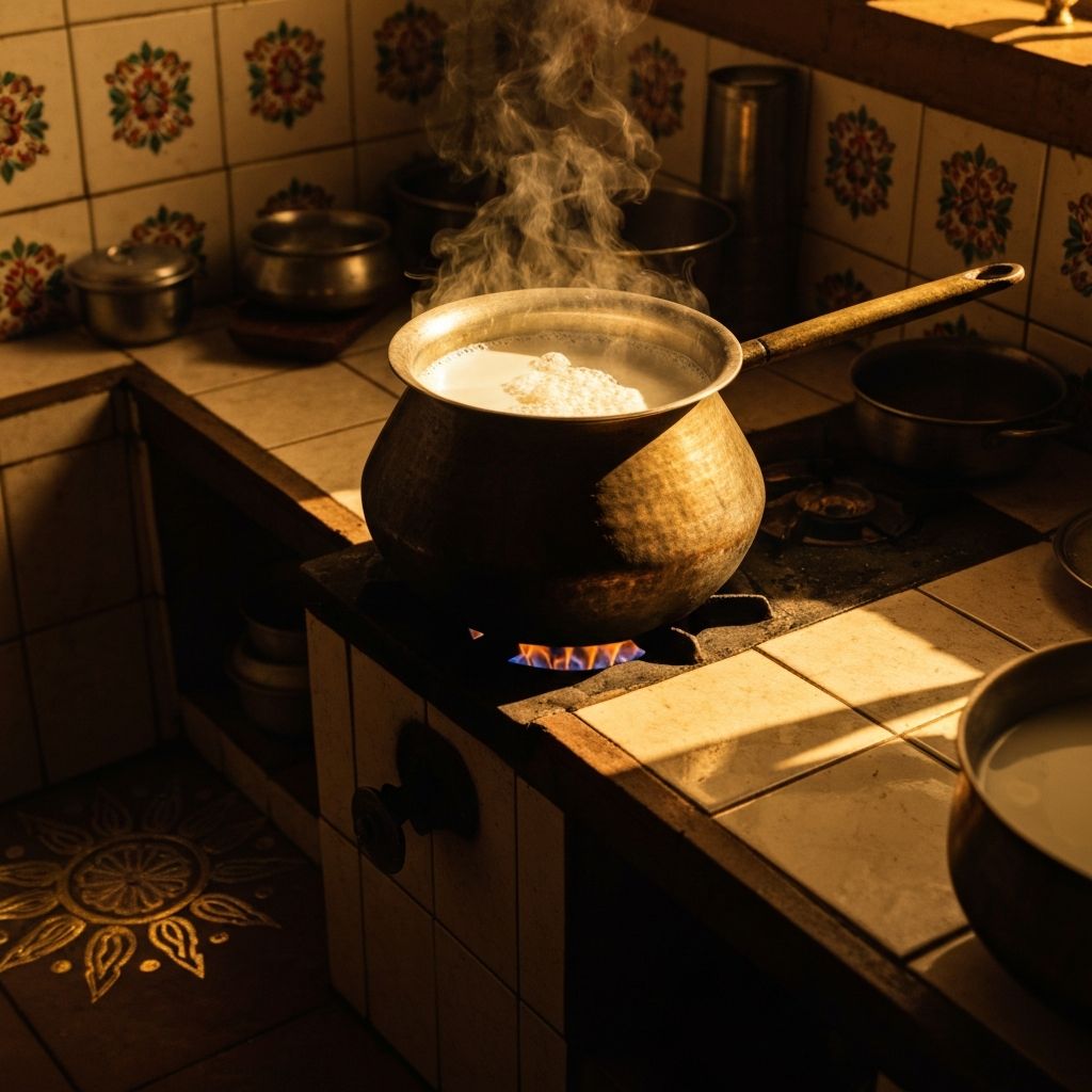 Boiling and Cooling Milk in Traditional Kitchen
