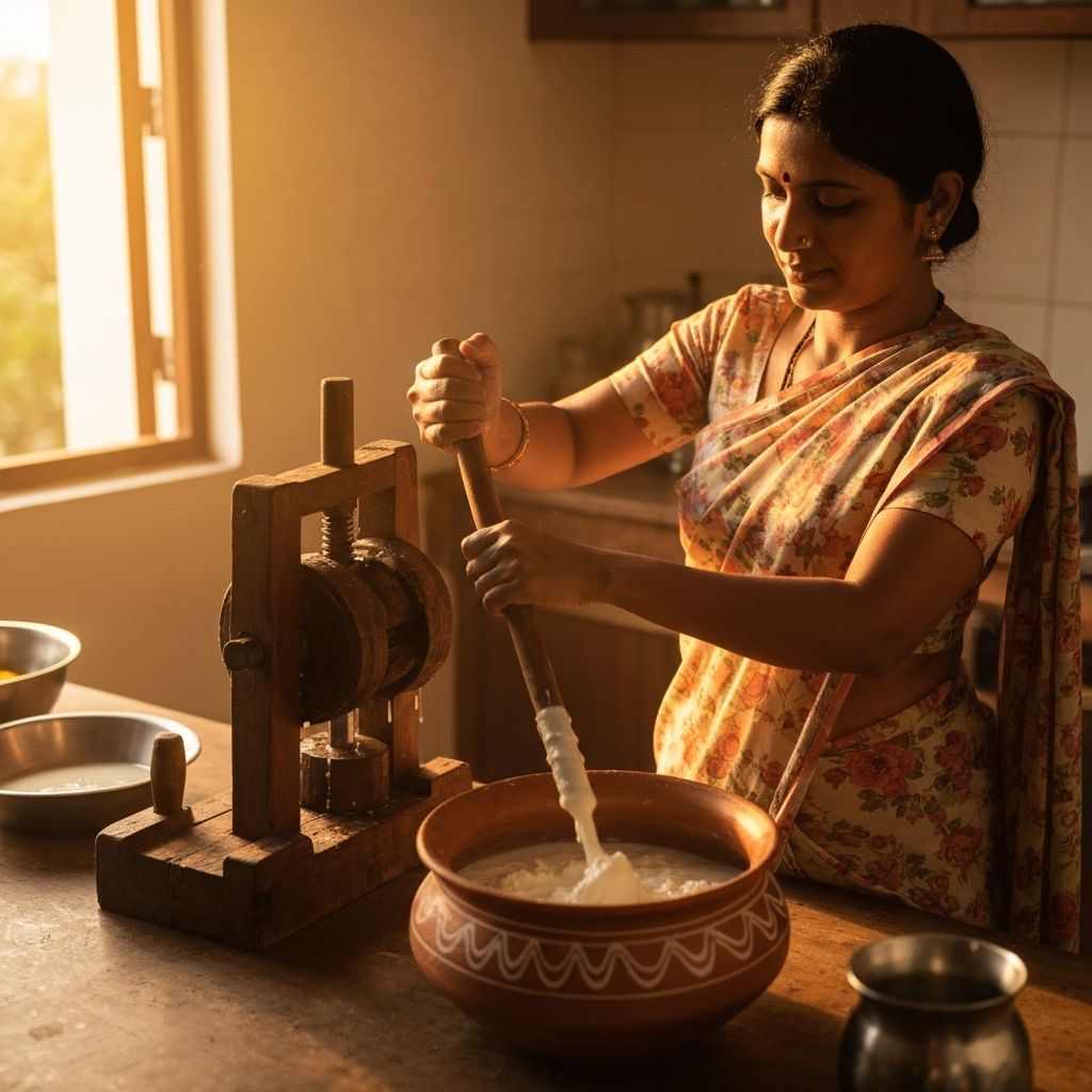 Hand-churning bilona process